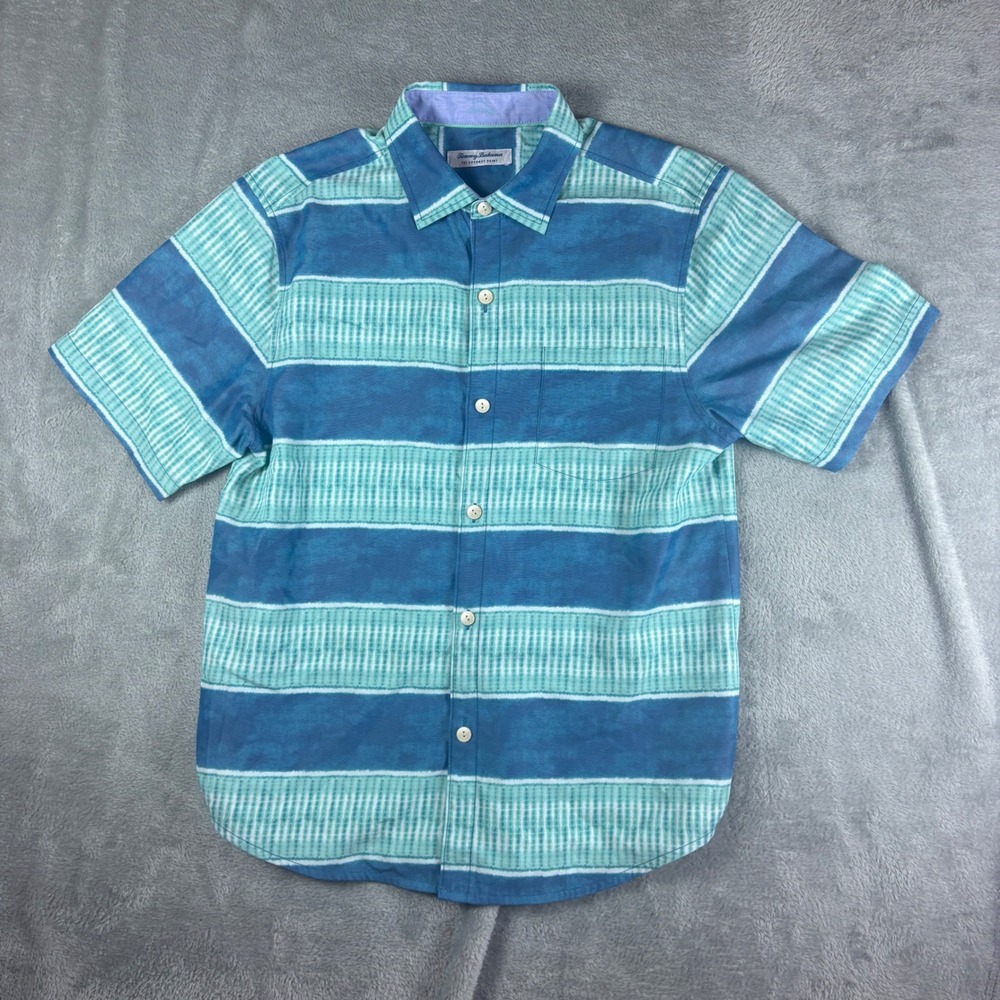 Tommy Bahama Shirt Men M The Coconut Point IslandZone Striped Blue Aloha Beach